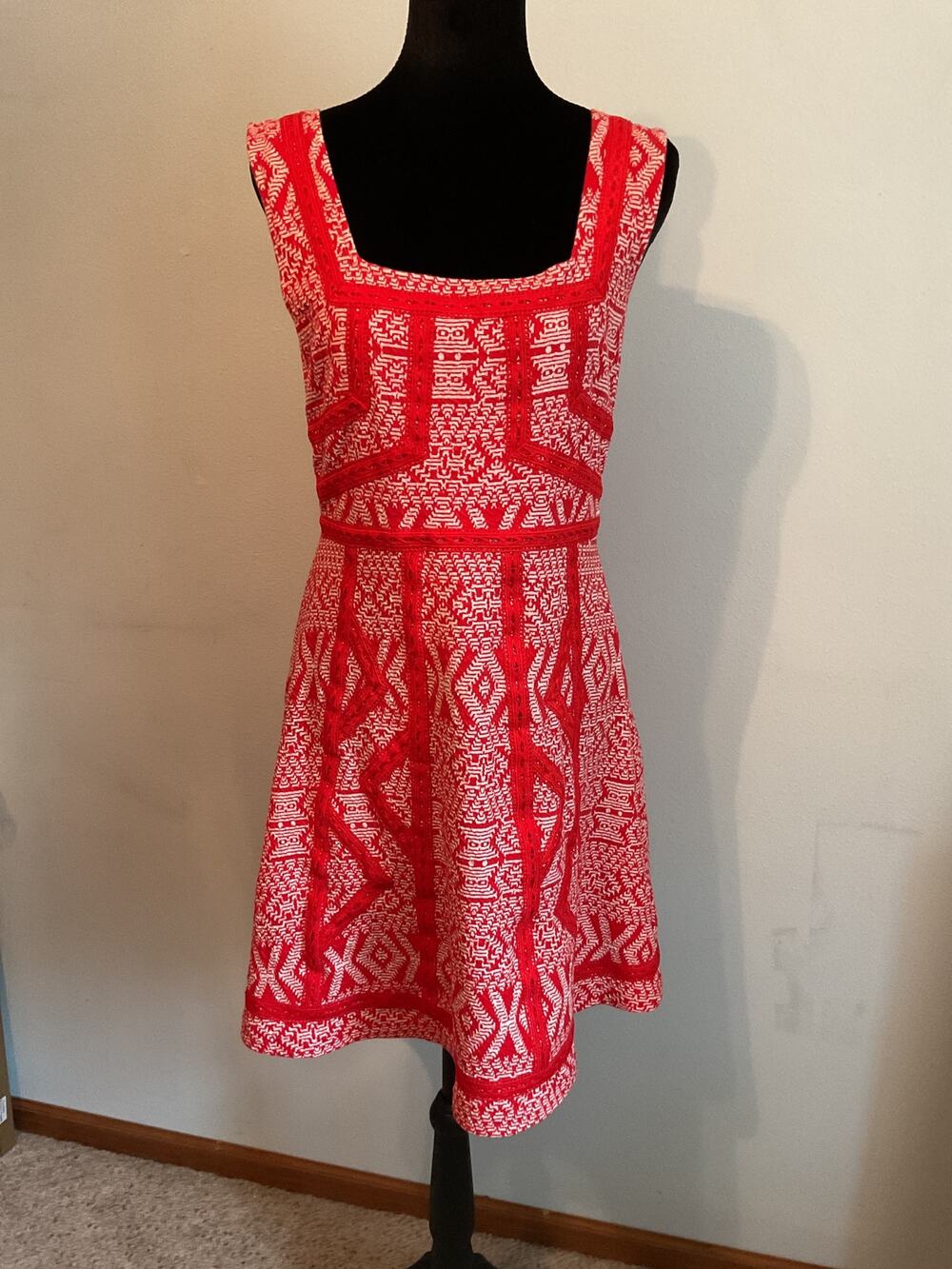 Anthropologie Maeve Emma Red White Geometric Bandana Square Neck Mini Dress Knit